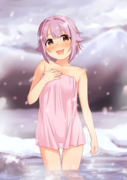Rule 34 | 1girl, blush, breasts, brown eyes, commentary request, hair flaps, highres, idolmaster, idolmaster cinderella girls, koshimizu sachiko, looking at viewer, naked towel, onsen, open mouth, purple hair, sakaki imasato, short hair, small breasts, smile, snow, snowing, solo, thigh gap, towel, wading, water, winter