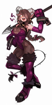 1girl 33dot :d armpits bare_shoulders braid breasts brown_hair cleavage commentary earrings elbow_gloves english_commentary fur_trim gloves goat_girl goat_horns highres holding holding_weapon hooves horizontal_pupils horns jewelry krampus large_breasts leotard looking_at_viewer monster_girl one_eye_covered open_mouth original over_shoulder pointy_ears purple_gloves purple_leotard simple_background smile tail tail_ornament teeth upper_teeth_only weapon weapon_over_shoulder