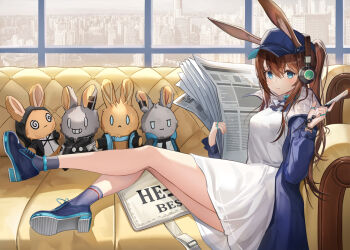 1girl amiya_(arknights) amiya_(newsgirl)_(arknights) animal_ears arknights ascot black_shoes blue_ascot blue_coat blue_eyes blue_hat brown_hair closed_mouth coat colored_shoe_soles couch double-parted_bangs dress grey_ascot grey_socks hair_between_eyes hat headphones highres holding holding_newspaper iino_(isnyong) jacket jewelry light_smile long_hair long_sidelocks long_sleeves looking_at_viewer miniskirt newsboy_cap newspaper official_alternate_costume on_couch ponytail quilted_coat rabbit_ears reclining ring shoes short_dress sidelocks sitting skirt socks solo stuffed_animal stuffed_rabbit stuffed_toy two-sided_coat two-sided_fabric white_dress