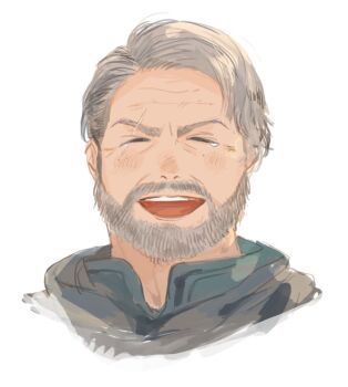 1boy beard byron_rosfield closed_eyes commentary_request facial_hair final_fantasy final_fantasy_xvi furrowed_brow grey_hair grey_shirt j2_path laughing light_blush male_focus mature_male open_mouth scar scar_across_eyebrow scar_on_face shirt short_hair smile solo swept_bangs white_background