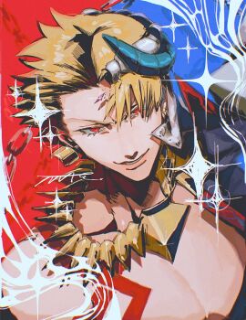 Rule 34 | 0 jojo u, 1boy, blonde hair, blue vest, dual persona, earrings, fate/grand order, fate (series), gilgamesh, gilgamesh (caster) (fate), gilgamesh (fate), hashtag-only commentary, highres, jewelry, looking at viewer, male focus, necklace, red eyes, short hair, smile, solo, sparkle, split theme, tattoo, vest