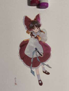 1girl art_tools_in_frame ascot bow brown_hair commentary_request detached_sleeves full_body gohei hakurei_reimu highres holding holding_gohei long_hair long_sleeves looking_at_viewer marker marker_(medium) red_bow red_eyes red_shirt red_skirt shiratama_(hockey) shirt signature skirt sleeveless sleeveless_shirt socks solo touhou traditional_media white_sleeves white_socks wide_sleeves yellow_ascot