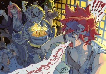 !? 6+boys bathrobe birthday_cake cake cat_boy cherry_blossom_(sk8) food green_hair hairband happy_birthday hasegawa_langa headband highres joe_(sk8) kyan_reki long_hair looking_at_another male_focus medium_hair messy_hair miya_(sk8) multiple_boys orange_hair outstretched_arms red_hair scared shadow_(sk8) short_hair shouting sk8_the_infinity soul_(tamashii) white_bathrobe white_hair zombie_pose