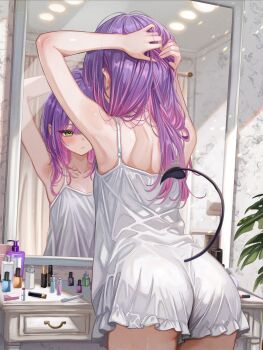 1girl arms_behind_head arms_up ass bare_arms chemise clothing_cutout commentary_request cosmetics demon_girl demon_tail from_behind gradient_hair green_eyes highres hololive indoors lipstick_tube long_hair mirror multicolored_hair pink_hair pointy_ears purple_hair reflection sa-ya2 solo spaghetti_strap tail tail_through_clothes tokoyami_towa tying_hair virtual_youtuber white_chemise