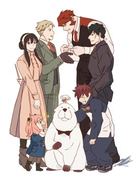 absurdres anya_(spy_x_family) black_gloves black_hair black_pantyhose blonde_hair blue_coat bond_(spy_x_family) boots bow brown_coat brown_hair child closed_eyes coat dog dress earrings facial_hair formal_clothes glasses gloves goggles goggles_around_neck great_pyrenees green_eyes hairband hairpods highres holding holding_behind_back holding_weapon_behind_back jewelry julgi kekkai_sensen klaus_von_reinhertz leonardo_watch long_hair long_sleeves monkey multiple_girls muscular muscular_male mutton_chops necktie open_mouth pantyhose pink_hair red_eyes red_hair scar scar_on_face shirt short_hair sideburns sidelocks smile spy_x_family steven_a._starphase suit tusks twilight_(spy_x_family) vest white_background yor_briar