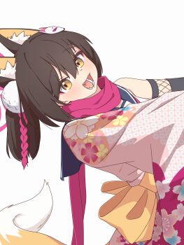 1girl :d absurdres animal_ear_fluff animal_ears back_bow black_sailor_collar blue_archive blush bow brown_hair cherry_blossom_print commentary eyes_visible_through_hair eyeshadow fangs floral_print floral_print_kimono fox_ears fox_girl fox_tail fuhao10708 hair_between_eyes hair_ornament hairclip halo happy highres izuna_(blue_archive) japanese_clothes kimono leaning_back long_scarf long_sleeves looking_at_viewer makeup medium_hair one_side_up open_mouth pink_eyeshadow pink_halo pink_kimono pink_scarf pom_pom_(clothes) pom_pom_hair_ornament print_kimono sailor_collar scarf school_uniform serafuku shirt side_ponytail simple_background single_bare_shoulder sleeveless sleeveless_shirt smile solo symbol-only_commentary tail teeth tongue upper_body white_background white_shirt wide_sleeves yellow_bow yellow_eyes