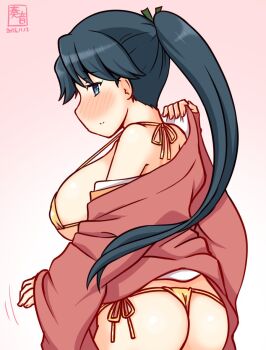 1girl artist_logo ass bikini black_hair blush commentary_request cowboy_shot dated gold_bikini gradient_background green_eyes houshou_(kancolle) japanese_clothes kanon_(kurogane_knights) kantai_collection kimono logo looking_at_viewer looking_back nose_blush one-hour_drawing_challenge pink_background ponytail red_kimono side-tie_bikini_bottom solo swimsuit thong_bikini