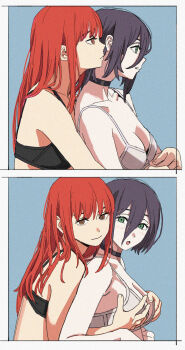 2girls :o absurdres black_bra black_choker black_hair blue_background bra breasts chainsaw_man choker cleavage collarbone commentary english_commentary from_side grabbing_another's_breast grabbing_from_behind green_eyes groping hair_down highres long_hair makima_(chainsaw_man) multiple_girls open_mouth orange_eyes red_hair reze_(chainsaw_man) ringed_eyes shiren_(ourboy83) underwear underwear_only white_bra yuri