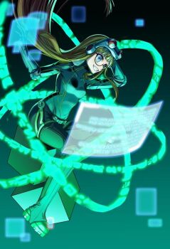 1girl arm_behind_head arms_up cube glasses glowing goggles goggles_on_head gradient_background hands_up happy lemonpear long_hair orange_hair persona persona_5 purple_eyes sakura_futaba screen simple_background smile teeth