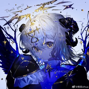 1girl black_horns black_jacket black_wings blue_shirt chinese_commentary closed_mouth commentary_request commission dated english_text frilled_sleeves frills hair_between_eyes halo highres horns jacket long_sleeves medium_hair open_clothes open_jacket original portrait shirt sleeves_past_fingers sleeves_past_wrists solo thank_you vihua6 watermark weibo_watermark white_hair wings yellow_eyes