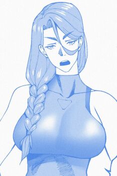 1girl blue_theme braid breasts commentary english_commentary hair_between_eyes highres josephine_jonouichi large_breasts long_hair looking_at_viewer monochrome one-piece_swimsuit open_mouth original serious single_braid solo studionice2011 swimsuit upper_body