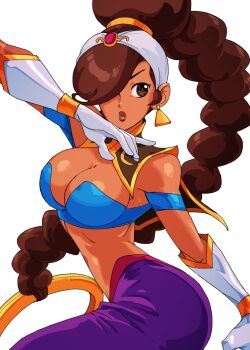 Rule 34 | 1girl, arabian clothes, blue bra, bra, breasts, brown eyes, brown hair, cleavage, dark-skinned female, dark skin, david liu, earrings, gloves, high ponytail, highres, jewelry, large breasts, long hair, looking to the side, pants, ponytail, power stone, purple pants, rouge (power stone), simple background, solo, thick lips, underwear, very long hair, white background, white gloves