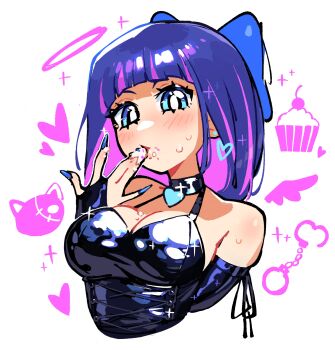 1girl bare_shoulders black_dress black_hair blue_bow blue_nails blush bow breasts cleavage commentary dress english_commentary food hair_bow hand_up heart highres kaatokun large_breasts long_hair multicolored_hair nail_polish panty_&amp;_stocking_with_garterbelt pink_hair shiny_clothes solo stocking_(psg) two-tone_hair wings