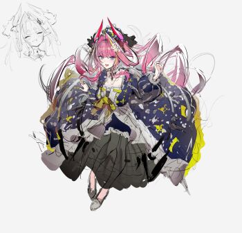 Rule 34 | 1girl, :d, :t, absurdres, arknights, arknights: endfield, blonde hair, blue dress, blue eyes, breasts, closed eyes, closed mouth, dress, eating, grey background, grey shoes, hair intakes, hand up, highres, horns, large breasts, long hair, long sleeves, multicolored hair, multiple views, open mouth, pink hair, pointy ears, puffy long sleeves, puffy sleeves, see-through clothes, shoes, short eyebrows, simple background, sketch, smile, streaked hair, thick eyebrows, ukai (fmxc3282), very long hair, wavy mouth, yvonne (arknights)