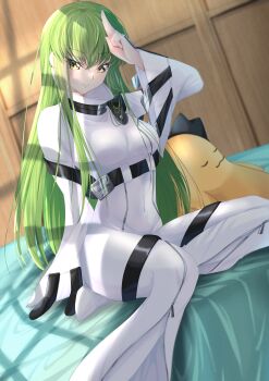 1girl absurdres arm_up bed_sheet breasts budgiepon c.c. cheese-kun closed_mouth code_geass green_hair highres index_finger_raised indoors jumpsuit long_hair looking_at_viewer medium_breasts pillow shadow sitting smile solo sunlight taut_clothes white_jumpsuit wide_sleeves wooden_wall yellow_eyes