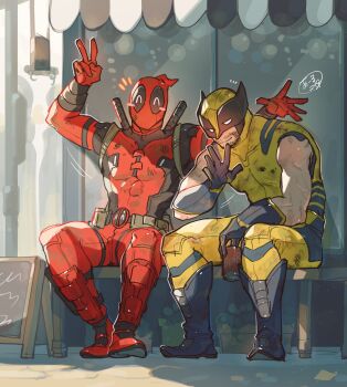 2boys beard belt bodysuit deadpool deadpool_&amp;_wolverine deadpool_(series) facial_hair gloves highres male_focus marvel marvel mask momoi_housuke multiple_boys muscular muscular_male red_bodysuit red_mask short_hair superhero_costume sword weapon wolverine_(x-men)