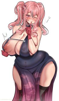 1girl absurdres alternate_costume artist_name azur_lane black_thighhighs blue_hair blush breasts bremerton_(azur_lane) cleavage clothes_pull cloud_print commission covered_erect_nipples covered_navel dress dress_pull earrings finger_to_mouth flashing gloves hair_ornament hairclip heart highres huge_breasts jewelry lips long_hair mole mole_on_breast mole_under_eye multicolored_hair multiple_earrings nipples noiretox one_breast_out one_eye_closed pelvic_curtain pink_eyes pink_hair plump purple_dress red_gloves sidelocks smile solo standing streaked_hair sweat thighhighs tight_clothes tight_dress twintails white_background wide_hips wink