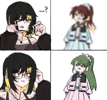... 3girls ? aketa_mikoto aromdami bespectacled black_hair blonde_hair blurry collarbone commentary_request ear_piercing glasses highres holding holding_removed_eyewear idolmaster idolmaster_shiny_colors ikaruga_luca jacket jewelry korean_commentary long_hair looking_at_another meme multicolored_hair multiple_girls nanakusa_nichika necklace official_alternate_costume parody peter_parker's_glasses_(meme) piercing pink_jacket pink_skirt pleated_skirt ponytail simple_background skirt two-tone_hair unworn_eyewear very_long_hair white_background