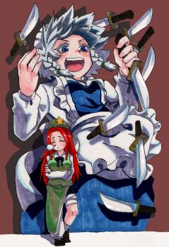 2girls :/ :d apron beret black_bow black_shoes blue_eyes bow bowtie braid braided_sidelocks chinese_clothes closed_eyes collared_shirt floating_clothes floating_hair frills green_hat green_skirt green_vest grey_hair hands_up hat hat_ornament highres holding holding_knife hong_meiling inuyama_konan izayoi_sakuya knife leg_wrap long_sleeves maid maid_headdress multiple_girls nose_bubble open_mouth pants red_hair shirt shoes side_slit skirt sleeping smile socks star_(symbol) star_hat_ornament too_many too_many_knives touhou v-shaped_eyebrows vest waist_apron white_pants white_shirt white_socks