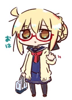 1girl ahoge artoria_pendragon_(fate) bag black_pantyhose blue_sailor_collar blue_serafuku blue_shirt blue_skirt blush_stickers braid brown_cardigan brown_eyes brown_shoes cardigan chibi commentary_request fate/grand_order fate_(series) full_body glasses hair_between_eyes hair_bun holding holding_bag kasuga_yuuki long_sleeves looking_at_viewer mysterious_heroine_x_alter_(fate) open_cardigan open_clothes pantyhose parted_lips puffy_long_sleeves puffy_sleeves red-framed_eyewear sailor_collar school_bag school_uniform semi-rimless_eyewear serafuku shirt shoes simple_background skirt sleeves_past_wrists solo standing translation_request under-rim_eyewear white_background