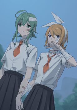 2girls ahoge bandaged_arm bandages bandaid bandaid_on_arm bandaid_on_face bandaid_on_finger bandaid_on_hand black_skirt blonde_hair blue_eyes blue_sky bow closed_mouth collared_shirt commentary_request frown green_eyes green_hair gumi hair_between_eyes hair_bow hairband high_heels highres kagamine_rin multiple_girls pleated_skirt shirt shirt_tucked_in short_hair short_sleeves skirt sky vocaloid white_bow white_hairband white_shirt wounds404 yuri