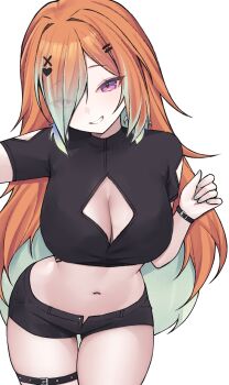 1girl absurdres black_shorts breasts cleavage cleavage_cutout clothing_cutout commentary crop_top english_commentary green_nails grin hair_over_one_eye highres hololive hololive_english large_breasts long_hair looking_at_viewer miclipse midriff multicolored_hair navel orange_hair purple_eyes short_shorts shorts simple_background smile solo stomach streaked_hair takanashi_kiara thigh_strap very_long_hair white_background