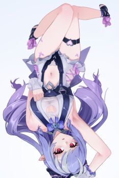 1girl absurdres animal_print arm_up armpits bare_shoulders blue_gem bow bowtie breasts butterfly_print clothing_cutout commentary_request drill_hair drill_sidelocks footwear_ribbon frilled_one-piece_swimsuit frilled_wrist_cuffs frills gem hair_bow heart_cutout highres large_breasts long_hair looking_at_viewer mole mole_under_eye nail_polish navel official_alternate_costume one-piece_swimsuit open_mouth open_towel pink_bow pink_ribbon pointy_ears purple_bow purple_bowtie purple_hair purple_nails red_eyes ribbon see-through_clothes sidelocks simple_background solo stomach_cutout swimsuit thigh_strap toenail_polish toenails towel two-tone_one-piece_swimsuit una_shizuku upside-down vivian_banshee vivian_banshee_(iris_of_the_shore) white_background white_one-piece_swimsuit wrist_cuffs zenless_zone_zero