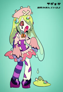 1girl absurdres akai_kuro backpack bag black_shoes bone bone_print cheese_earrings colored_sclera colored_skin drooling earrings eye_hair_ornament eyeball facial_mark food-themed_earrings green_background green_hair grey_skin hair_ornament hair_over_one_eye hat hat_ornament highres jewelry liquid_hair long_hair long_sleeves open_mouth original pink_hat pink_sclera pink_shirt pink_skirt platform_shoes print_skirt purple_thighhighs red_eyes shirt shoes single_thighhigh skirt skull sleeves_past_wrists slime_(substance) standing striped_clothes striped_thighhighs teardrop_facial_mark thighhighs zombie