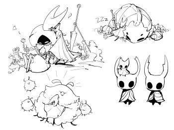 2girls 3others bubble_skirt character_request collared_cloak creature_on_head dress flower greyscale hashtag-only_commentary head_on_another&#039;s_shoulder high_collar highres holding holding_flower holding_hands hollow_knight hollow_knight:_silksong hornet_(hollow_knight) knight_(hollow_knight) lace_(hollow_knight) medium_dress monochrome multiple_girls multiple_others nail_(hollow_knight) petals puffy_short_sleeves puffy_sleeves qishitian_de_yuji rose short_sleeves simple_background skirt sleeping staff white_background yuri zzz