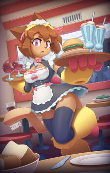 1girl alternate_costume animal_ears apron bare_shoulders bell black_panties black_pants black_skirt black_thighhighs blue_background blush border bow bowtie bread breasts brown_hair burger butter_knife cat_ears cat_girl cat_tail cleavage commentary cup dark-skinned_female dark_skin drinking_glass english_commentary enmaided feet_out_of_frame floating_clothes food frilled_skirt frills furry furry_female gameoverse gloves goggles goggles_on_head hair_between_eyes highres holding holding_food holding_plate indoors kit_bodega knife leg_up loaf_of_bread looking_at_viewer maid maid_apron maid_headdress medium_breasts miniskirt neck_bell open_mouth panties pants pink_bow pink_bowtie plate rain red_eyes red_gloves restaurant short_hair short_sleeves sidelocks skirt snout solo standing standing_on_one_leg table tail tan thighhighs underwear whiskers wine_glass yellow_gauntlets z00p