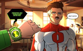Rule 34 | 2boys, ben 10, ben tennyson, black hair, blue eyes, crossover, glowing, glowing eyes, green jacket, invincible (series), jacket, morning, multiple boys, nolan grayson, old, old man, omni-man, omnitrix, speech bubble, window