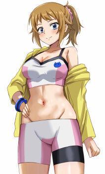 1girl absurdres bike_shorts blue_eyes blush bracelet breasts brown_hair cleavage closed_mouth collarbone commentary_request cowboy_shot groin gundam gundam_build_fighters gundam_build_fighters_try hair_ornament hair_scrunchie hand_on_own_hip highres hoshino_fumina jacket jewelry large_breasts long_sleeves looking_at_viewer midriff navel nootomo off_shoulder pink_scrunchie pink_shorts pink_sports_bra ponytail scrunchie shorts sidelocks simple_background single_bare_shoulder smile solo sports_bra standing toned two-tone_sports_bra white_background white_shorts white_sports_bra yellow_jacket