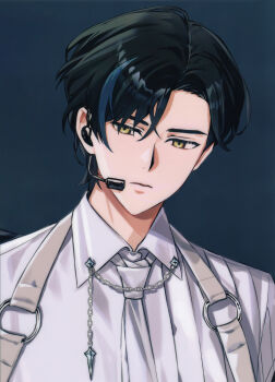 Rule 34 | 1boy, absurdres, alternate costume, alternate hair color, alternate hair length, alternate hairstyle, black hair, blue background, blue hair, chain, closed mouth, collared shirt, contemporary, daenarys, earpiece, expressionless, formal clothes, harness, headset, highres, jewelry, lan wangji, looking down, male focus, microphone, modao zushi, multicolored hair, necklace, necktie, o-ring, official art, shirt, short hair, simple background, solo, streaked hair, suit, third-party source, upper body, white necktie, white shirt, yellow eyes