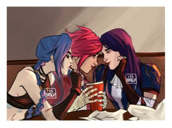 3girls arcane:_league_of_legends arcane_caitlyn arcane_jinx arcane_vi artist_name bandages blue_hair blush caitlyn_(league_of_legends) drinking_straw drinking_straw_in_mouth eye_contact highres itsbrych jinx_(league_of_legends) league_of_legends looking_at_another multiple_girls red_hair shared_drink short_hair sitting twintails vi_(league_of_legends) yuri