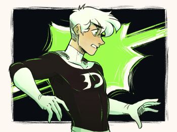 1boy black_bodysuit bodysuit danny_fenton danny_phantom gloves green_eyes highres jayceart short_hair solo upper_body white_bodysuit white_gloves white_hair