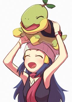 1girl absurdres arms_up blue_hair blush bracelet chankirankachan closed_eyes commentary_request dawn_(pokemon) eyelashes gen_4_pokemon hair_ornament hairclip highres holding holding_pokemon jewelry long_hair nintendo nostrils open_mouth pink_scarf pokemon pokemon_(creature) pokemon_dppt poketch scarf sidelocks simple_background sleeveless smile turtwig upper_body watch white_background wristwatch