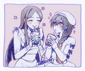 2girls alternate_costume alternate_hairstyle amo_empool black_bow bow braid brown_hair bubble_tea commentary cowboy_shot dress drinking english_commentary gachiakuta gradient_hair happy long_hair multicolored_hair multiple_girls orange_eyes orange_hair parted_bangs sidelocks sleeve_bow smile sparkle tomme_mima umesouda white_bag white_dress