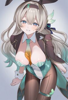 1girl ai-assisted animal_ear_hairband animal_ears black_hairband black_jacket black_pantyhose blue_eyes breasts commentary detached_collar fake_animal_ears firefly_(honkai:_star_rail) gradient_hair green_hair green_leotard grey_hair grin hairband highres honkai:_star_rail honkai_(series) jacket large_breasts leotard long_hair looking_at_viewer multicolored_eyes multicolored_hair necktie orange_necktie pantyhose parted_lips pink_eyes playboy_bunny poki_(j0ch3fvj6nd) rabbit_ear_hairband rabbit_ears short_sleeves smile solo strapless strapless_leotard thigh_strap two-tone_eyes white_wrist_cuffs wrist_cuffs