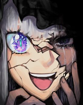 2girls black_veil blue_pupils blunt_bangs broken_mask close-up crack cracked_kawaii_mask cracked_mask cracked_skin crying crying_with_eyes_open emilia_(re:zero) hand_on_own_face hands_up hashtag-only_commentary highres long_hair looking_at_viewer mask meme mismatched_eyes multiple_girls open_mouth portrait ppanya030 purple_eyes re:zero_kara_hajimeru_isekai_seikatsu revealing_layer satella_(re:zero) smile sparkling_eyes streaming_tears tears teeth veil white_hair