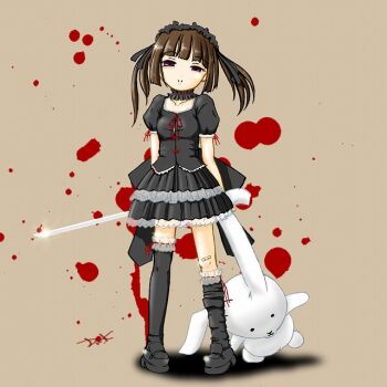 Rule 34 | 1girl, back bow, bandaid, bandaid on knee, bandaid on leg, black eyes, black ribbon, black shirt, black skirt, blood, boots, bow, brown hair, commentary request, holding, holding sword, holding weapon, looking at viewer, original, ribbon, shirt, short sleeves, short twintails, skirt, standing, stuffed animal, stuffed rabbit, stuffed toy, sword, thigh boots, twintails, weapon, yandere