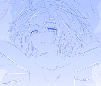 1girl aged_down arms_up blue_theme breasts empty_eyes highres implied_sex kurose_yuko looking_away messy_hair short_hair shounen_no_abyss sketch small_breasts solo spoilers stray_pubic_hair suggestive_fluid upper_body viperxtr