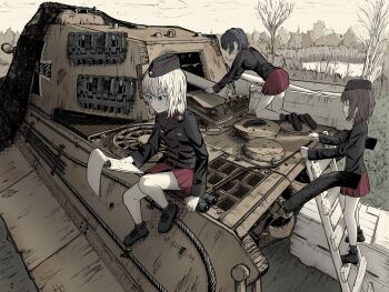 Rule 34 | absurdres, emblem, girls und panzer, grey hair, hat, highres, itsumi erika, kuromorimine (emblem), kuromorimine military uniform, kuromorimine school uniform, medium hair, military, military hat, military uniform, military vehicle, motor vehicle, multiple girls, school uniform, skirt, tank, tank turret, tiger ii