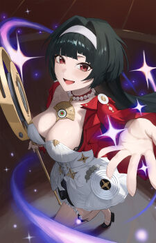 Rule 34 | 1girl, absurdres, astra yao, black hair, breasts, commentary request, dress, from above, gomashiwo o, hairband, high heels, highres, holding, holding microphone stand, jacket, jewelry, large breasts, long hair, looking at viewer, microphone stand, necklace, pearl necklace, red jacket, smile, solo, very long hair, white dress, white hairband, zenless zone zero