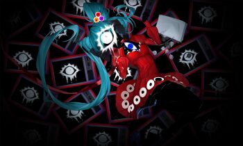 1girl alternate_costume alternate_hairstyle aqua_eyes aqua_hair asymmetrical_hair bag black_bow black_skin bow bow_choker breasts candy choker colored_mouth colored_skin commentary_request covered_face crt dress eye_print eye_symbol eyeball_hair_ornament folded_hair food foot_out_of_frame frilled_dress frills from_above hair_ornament hair_ribbon hairband hatsune_miku highres holding holding_candy holding_food holding_lollipop juliet_sleeves lollipop long_hair long_sleeves looking_at_viewer lying on_back open_mouth print_dress psi_(vocaloid) puffy_long_sleeves puffy_sleeves red_choker red_dress ribbon small_breasts solo spotlight static television tlseone twintails uneven_twintails very_long_hair vocaloid white_bag