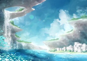 blue_sky building caustics city cliff cloud commentary_request day grand_scale highres landscape marian_oekaki no_humans original outdoors river scenery sky water waterfall