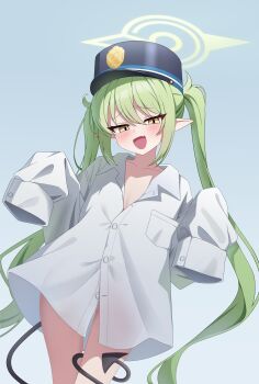 :d absurdly_long_hair absurdres alternate_costume black_tail blue_archive blue_background blue_hat borrowed_clothes buttoned_cuffs buttons collarbone collared_shirt demon_girl demon_tail dot_nose green_hair green_halo half-closed_eyes halo hands_up hat highres loli long_hair long_sleeves looking_at_viewer loose_clothes naked_shirt no_panties no_pants nozomi_(blue_archive) open_mouth oversized_clothes peaked_cap pointy_ears shirt shirt_pocket simple_background sleeve_cuffs sleeves_past_fingers sleeves_past_wrists smile smug solo standing tail tail_around_own_leg tail_wrap thighs twintails user_shjm4774 very_long_hair wide_sleeves yellow_eyes