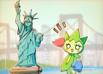 arm_up blush book bridge building commentary_request dated flower gen_3_pokemon highres holding holding_book holding_torch looking_at_viewer new_york_city nintendo no_humans open_mouth picture_frame pokemon pokemon_(creature) ragia river rose roselia_(pokemon) smile solo statue statue_of_liberty torch