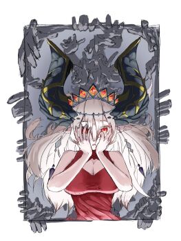 1girl bare_shoulders black_horns blazing_cartesia_the_virtuous border breasts cleavage dress duel_monster ecclesia_(yu-gi-oh!) grey_hair highres horns large_breasts pointy_ears red_dress sketch solo_focus tarotaro0418 upper_body white_border yu-gi-oh!