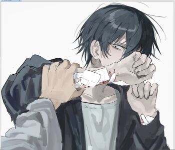 1boy 1other bandaid bandaid_on_arm black_eyes black_hair black_jacket gauze gauze_on_arm grabbing_another's_arm hands_up highres jacket long_sleeves looking_at_viewer male_focus original parted_bangs pov self-harm short_hair simple_background sini_user solo_focus white_background wrist_cutting