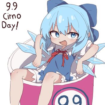 1girl blue_bow blue_dress blue_eyes blue_hair blush bow cirno cirno_day collared_shirt cup dress hair_bow highres ice ice_wings in_container in_cup looking_at_viewer magg_(user_mtca8588) neck_ribbon pinafore_dress puffy_short_sleeves puffy_sleeves red_ribbon ribbon shirt short_hair short_sleeves sleeveless sleeveless_dress smug solo touhou white_shirt wings